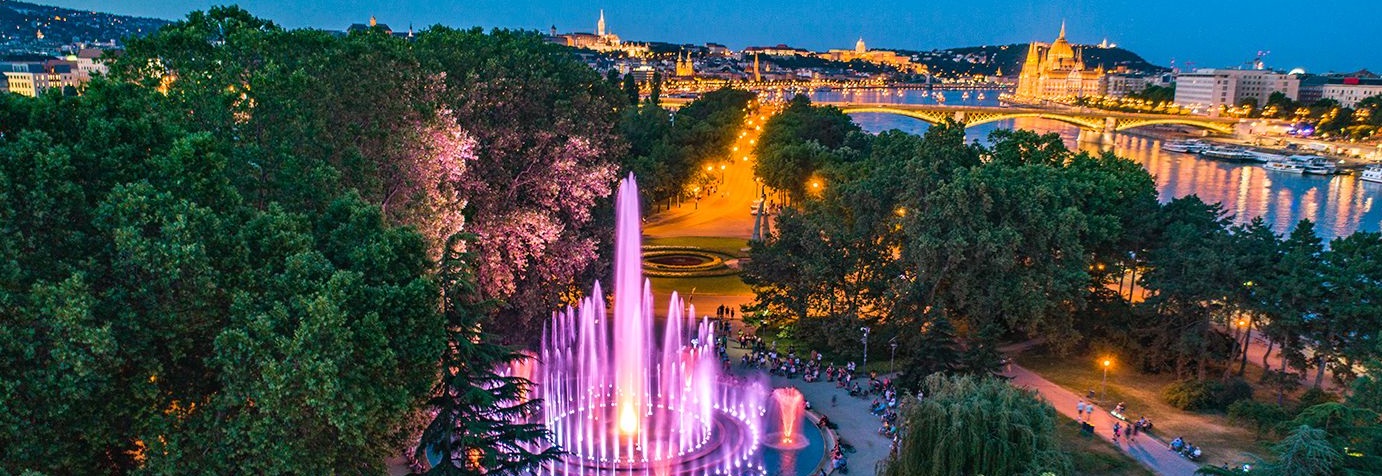toits de Budapest avec le Danube, le parlement et la fontaine musicale Margitsziget